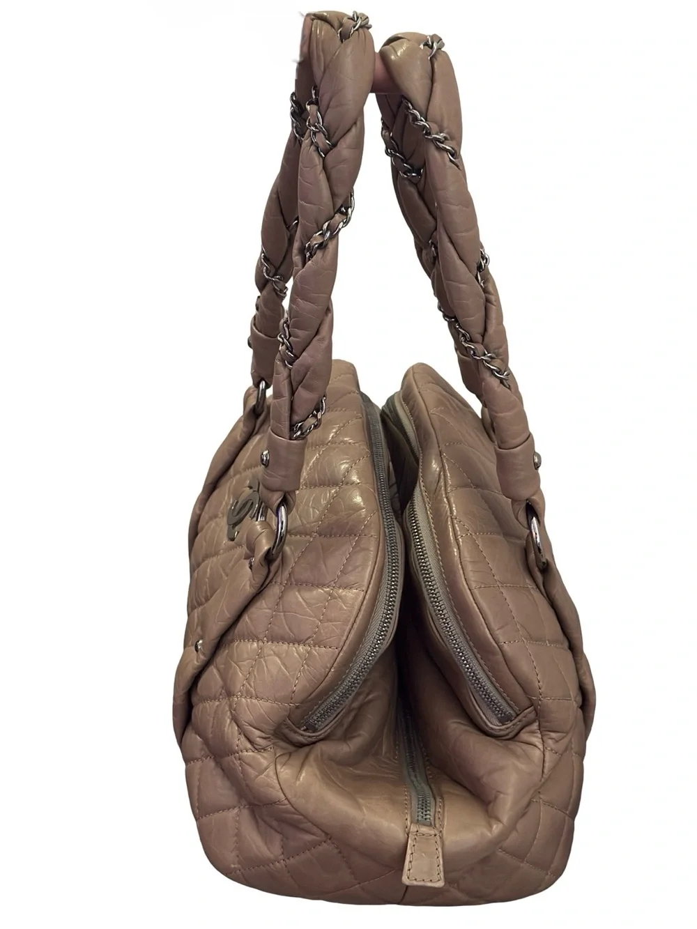 Chanel Lady Braid Bowler Bag Distressed Lambskin Taupe Quilted Satchel 13”